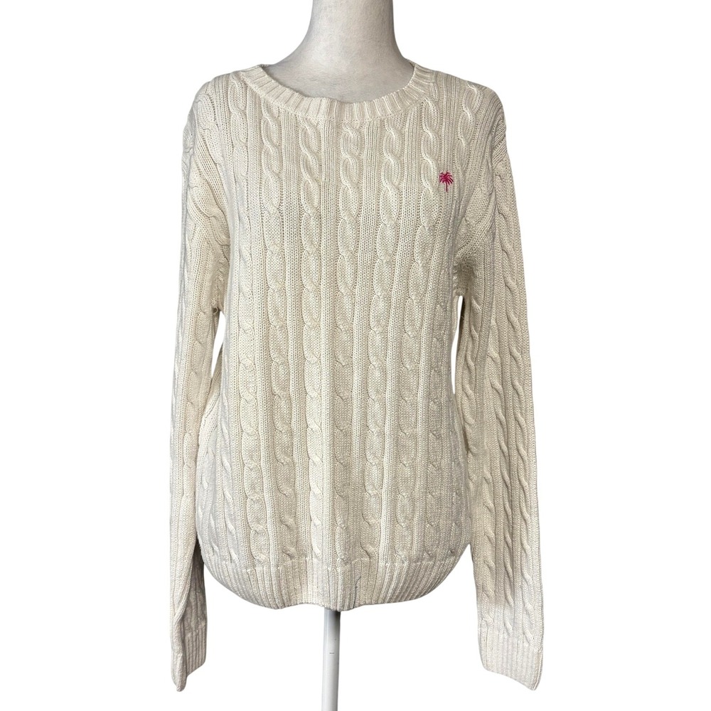 Lilly Pulitzer Sweater Womens Large Petite White Cotton Cable Knit Palm Tree